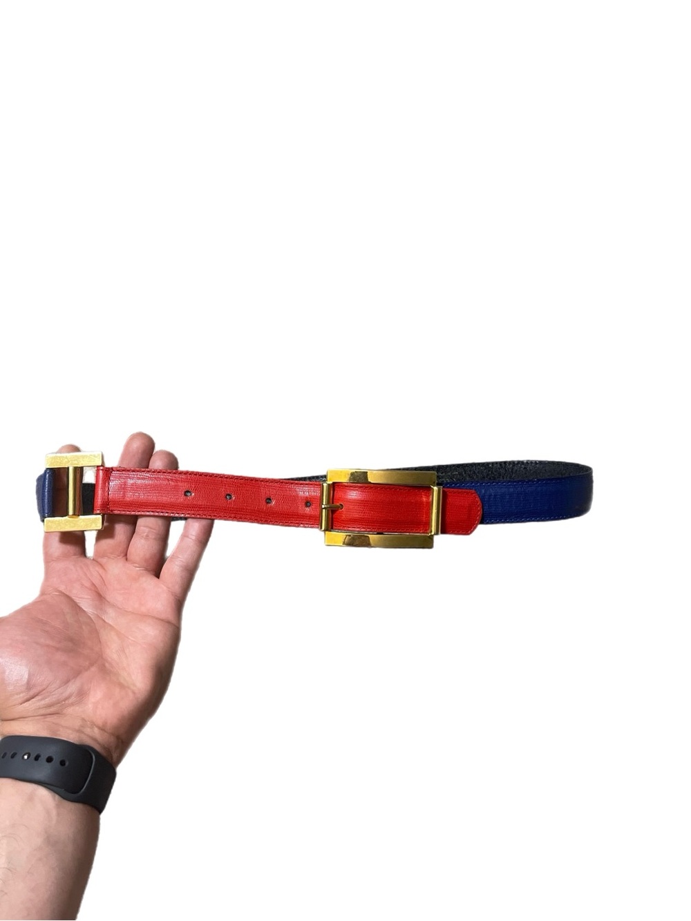 Vintage Doncaster Blue/Red Leather Belt  with Gold Hardware - MADE IN USA 90s